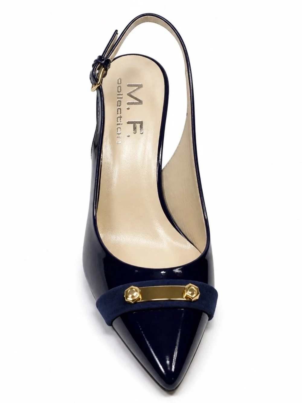 M. F. Collection Women’sNavy Patent Pointed-Toe Slingback Heels with Gold Accent